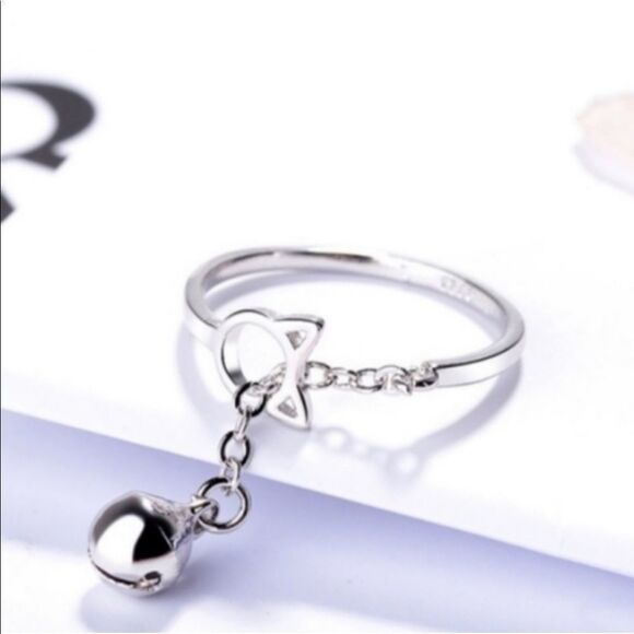 Sterling Silver Playful Cut Out Cat Chasing Chain Ball Charm Ring NEW - Picture 4 of 4